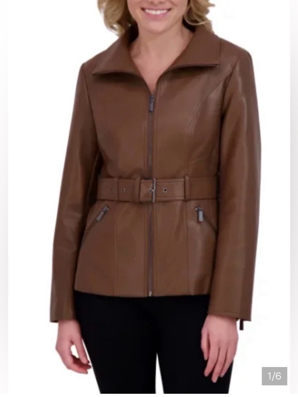 Kenneth Cole Brown Belted Leather Jacket